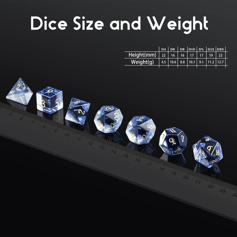 DNDND Glass DND Dice Set 7 Piece Zircon Dice with Great Gift Box for D&D Dungeons and Dragon Tabletop Game (Blue Glass with Gold Num) - Image 4